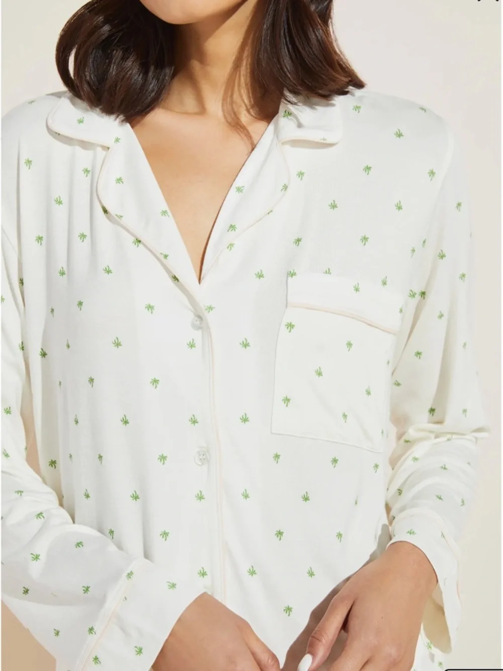 Eberjey Giving Palm Modal Pajama Set Long PJ Set Pink Cream Green Size M Set - Picture 1 of 5